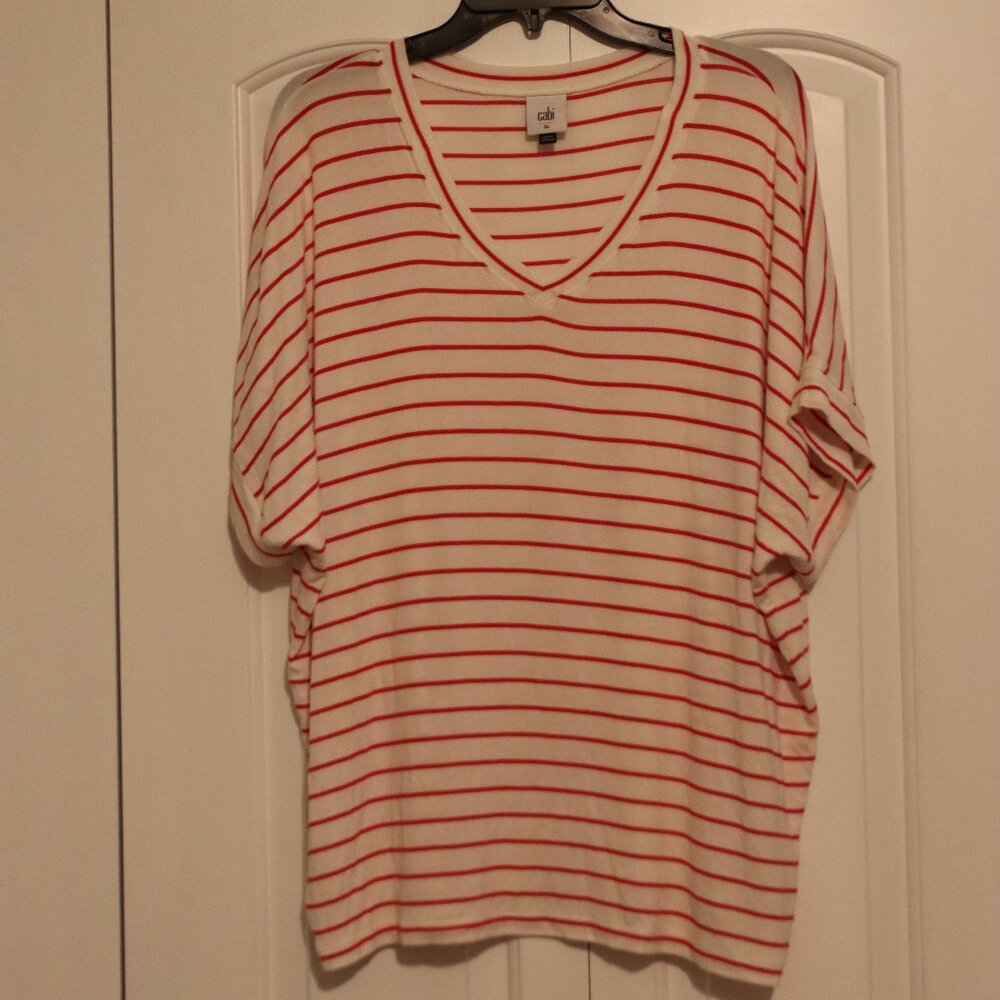 cabi Cookout Tee (Style #6400) Red White Striped V-neck Short Dolman Sleeve XL